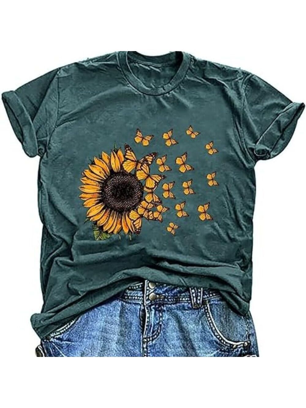 Green  Graphic Tee with Sunflower and Orange Butterflies